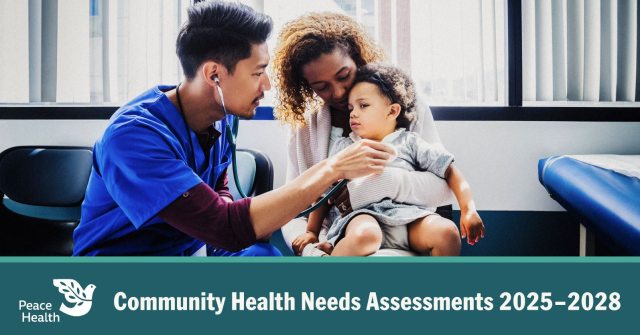 A medical professional with a stethoscope tending to a young child in her mother's lap. Text at the bottom reads Community Health Needs Assessments 2025-208